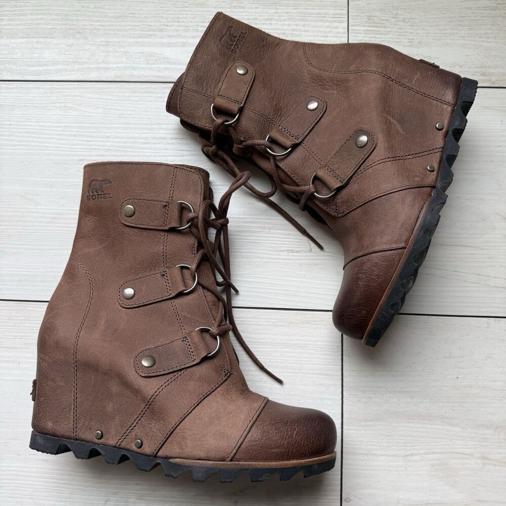 Sorel Women's Joan of Arctic Wedge II Boots US 7 Brown Leather Lace-Up Bootie